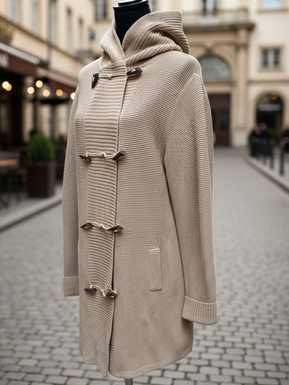 Lands' End Hooded Toggle Knit Cardigan Sweater Coat Taupe Size Large Y2K Vintage